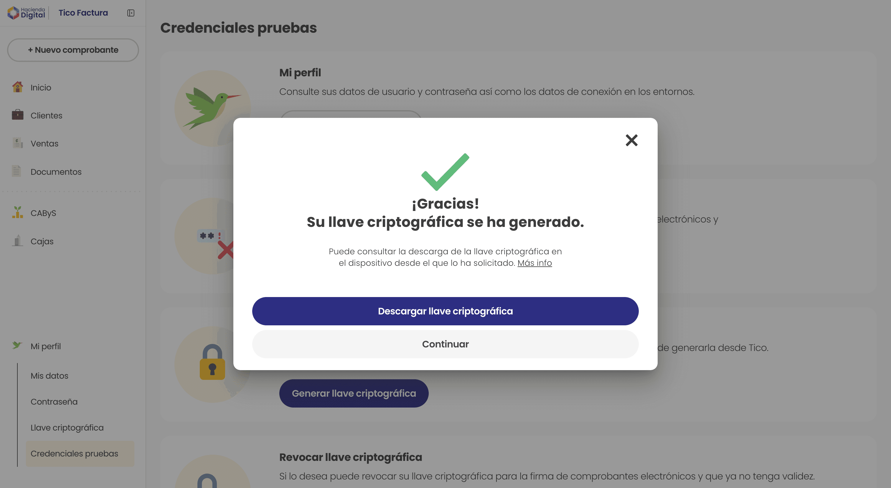 Modal de confirmación con el botón para descargar la llave criptográfica