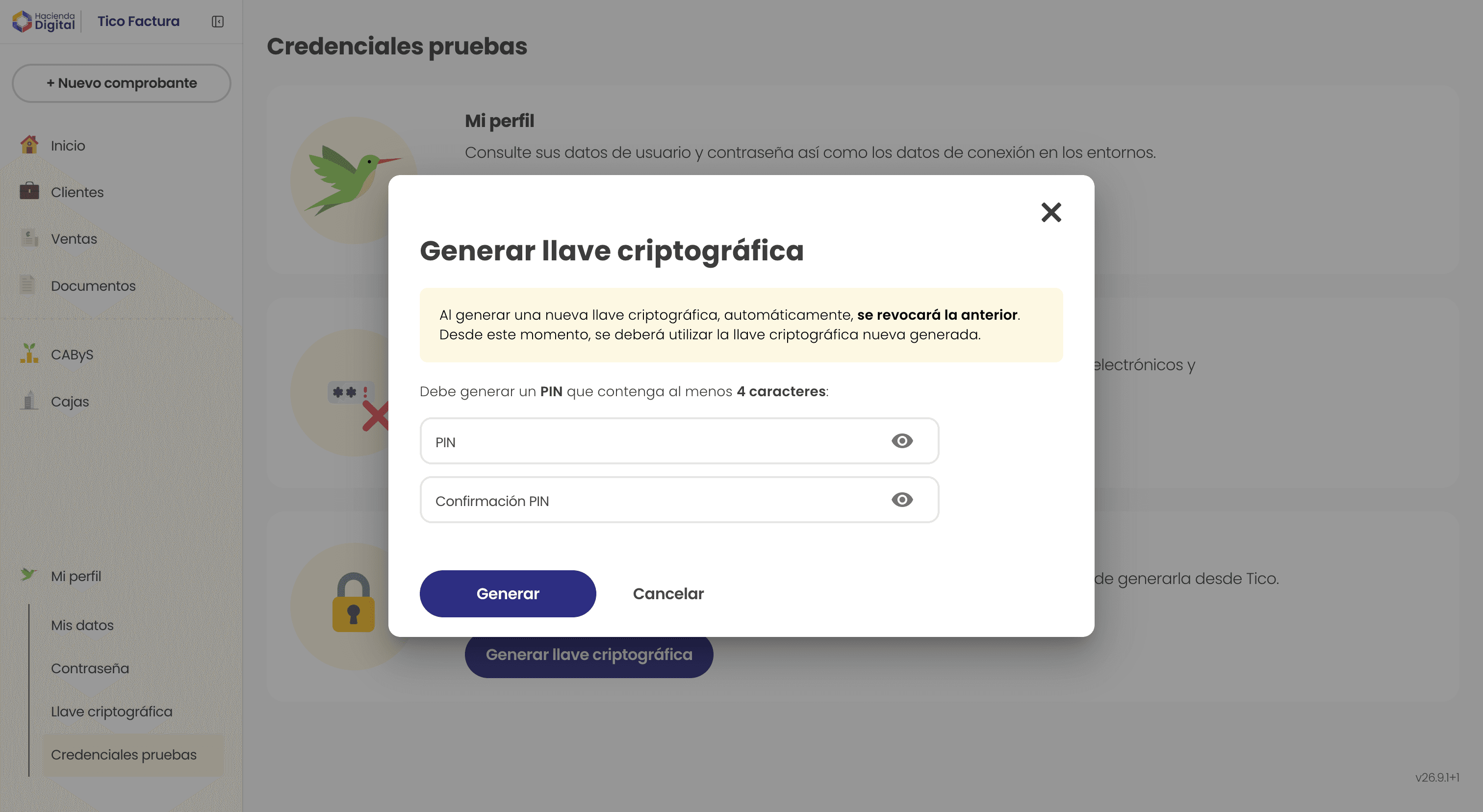 Modal para generar la llave criptográfica con un PIN