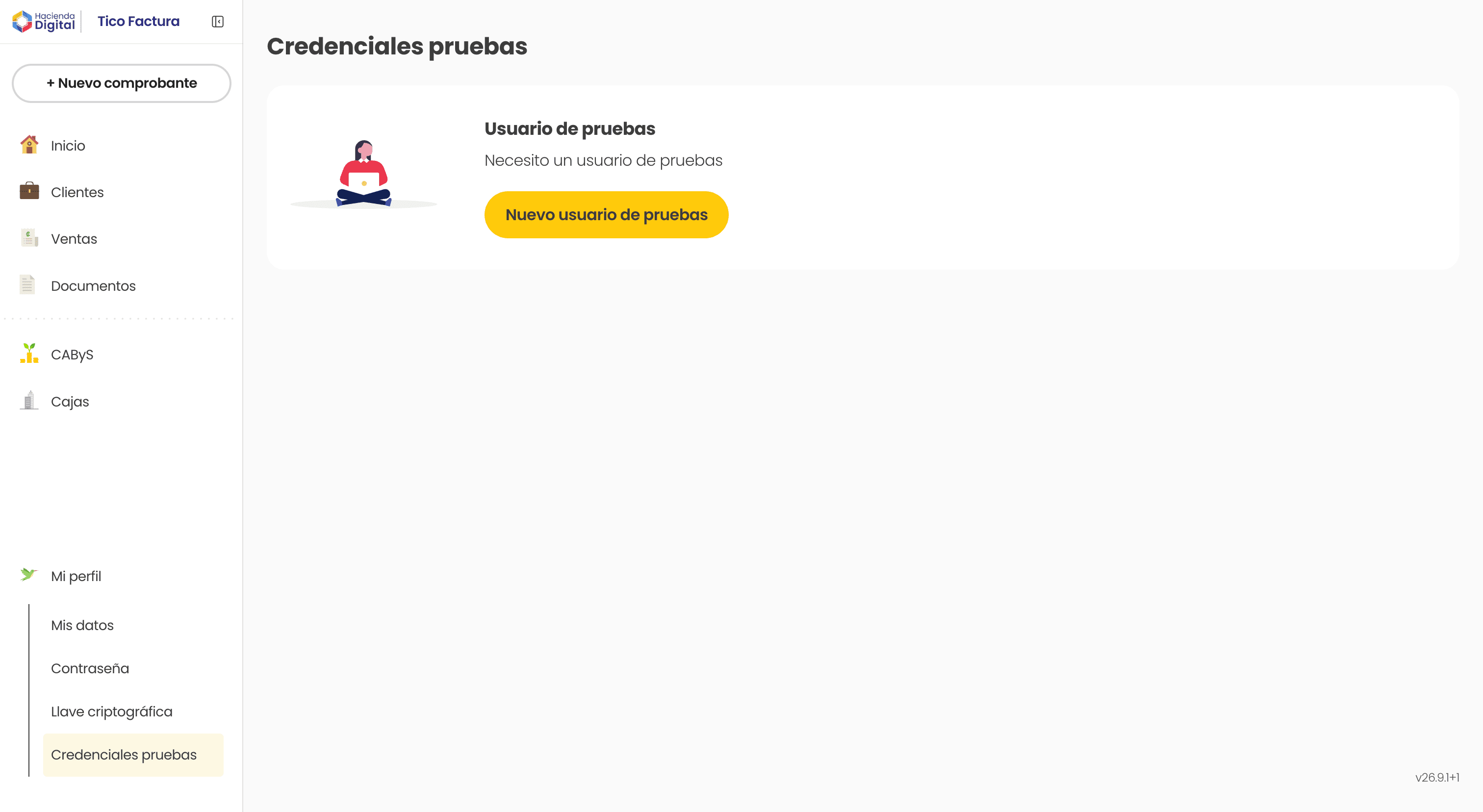 Botón "Nuevo usuario de pruebas" en Credenciales pruebas