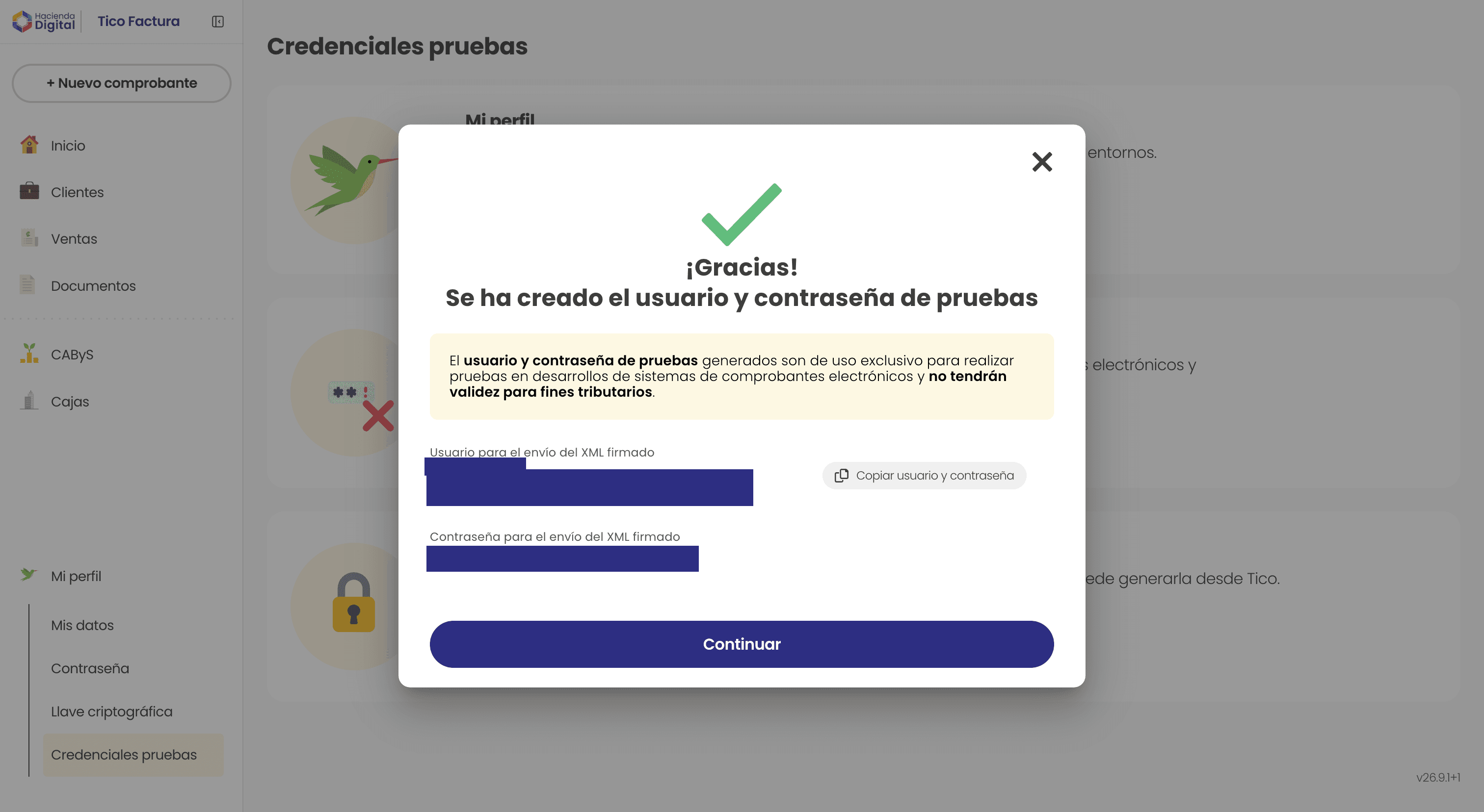 Modal con el usuario y contraseña de pruebas generados